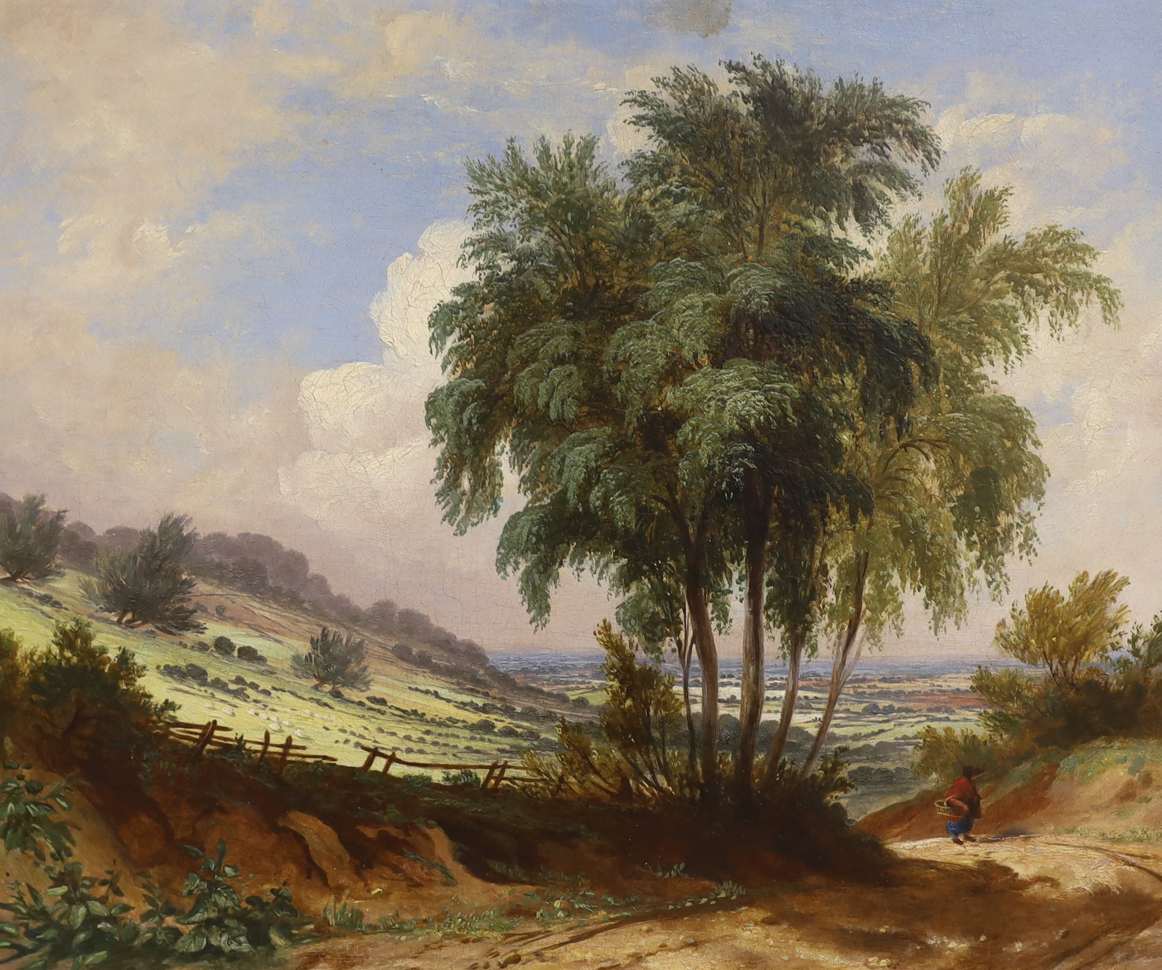 Two late 19th / early 20th century oils on canvas, Figure on a pathway and cattle beside a stream, each unsigned, largest 37 x 46cm, ornate gilt framed
